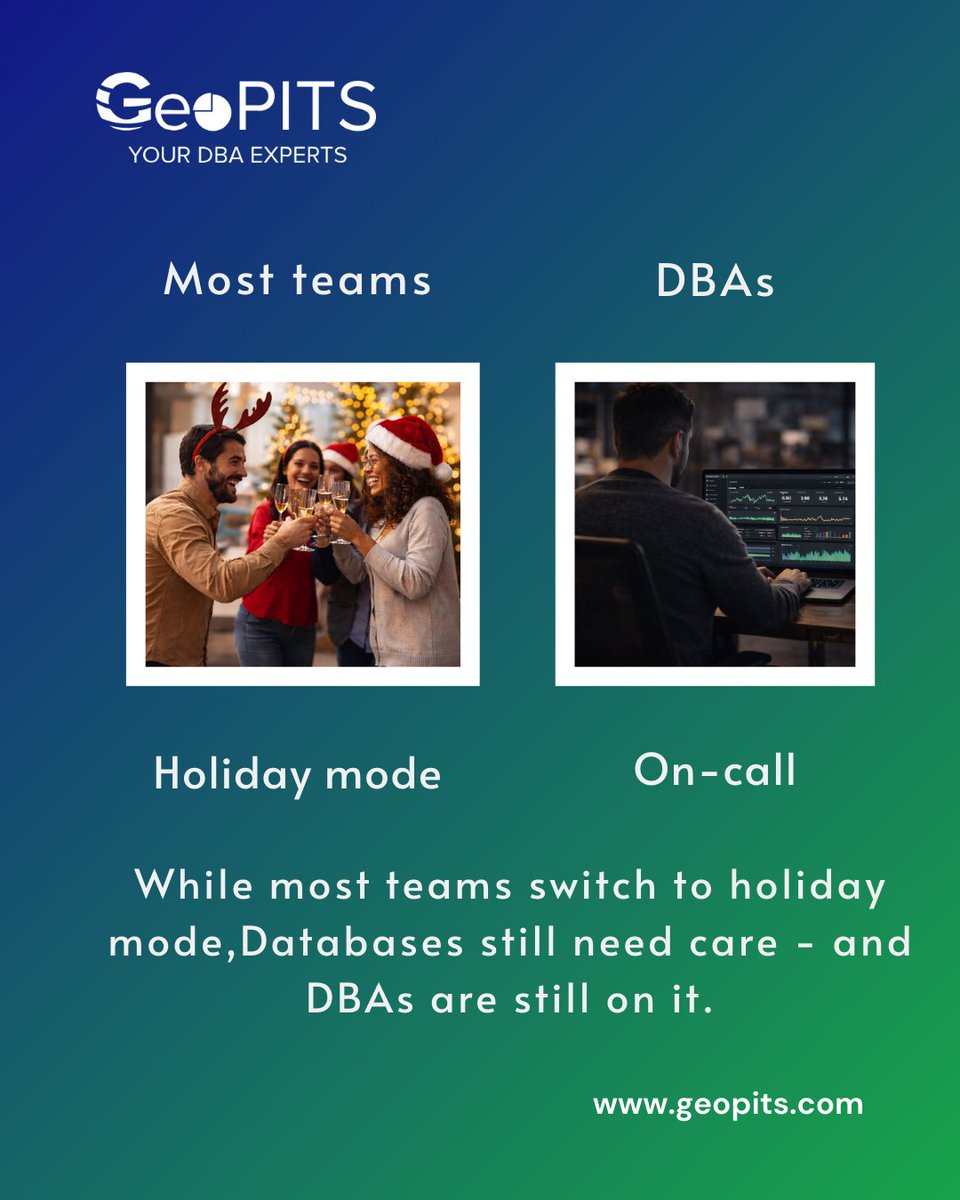 GeoPITS_DBAs's tweet photo. The end of the year feels slower for many teams.
Fewer meetings. Fewer messages.

But this season looks different for DBAs.
While others step away, systems still need care.

Quiet work. Real responsibility.

#DBALife #DBA #OnCall #TechOperations #YearEnd https://t.co/mrwufw7iGv
