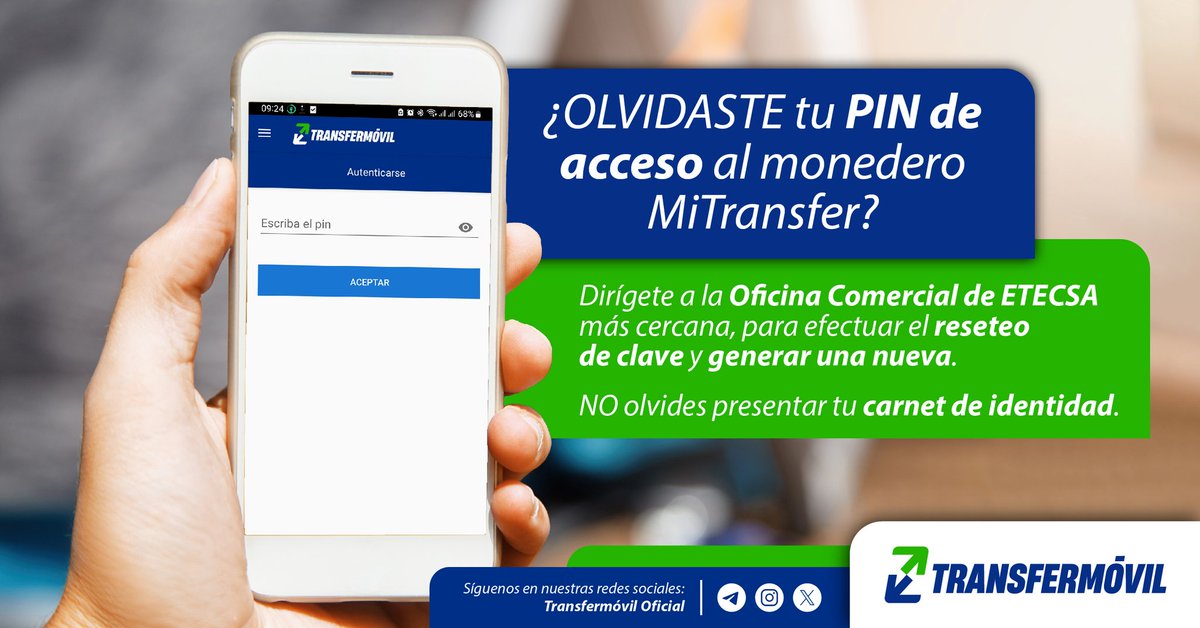 ¿Olvidaste el PIN de autenticación de tu monedero #MiTransfer? 📲
Esto es lo que debes hacer ⬇️:

Acude a un especialista de las Oficinas Comerciales de ETECSA, para efectuar el reseteo de la clave y generar una nueva. 🧑‍💻

No olvides portar contigo tu carnet de identidad. 🪪