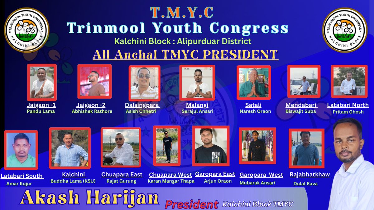 AITCakashH's tweet image. Congratulations to all newly appointed TMYC Anchal Presidents, Kalchini Block 🎉
Wishing you success in strengthening the organization with unity, discipline, and dedication.

Best wishes for a strong journey ahead! ✊🔥
#TMYC #KalchiniBlock 
@MamataOfficial
@abhishekaitc