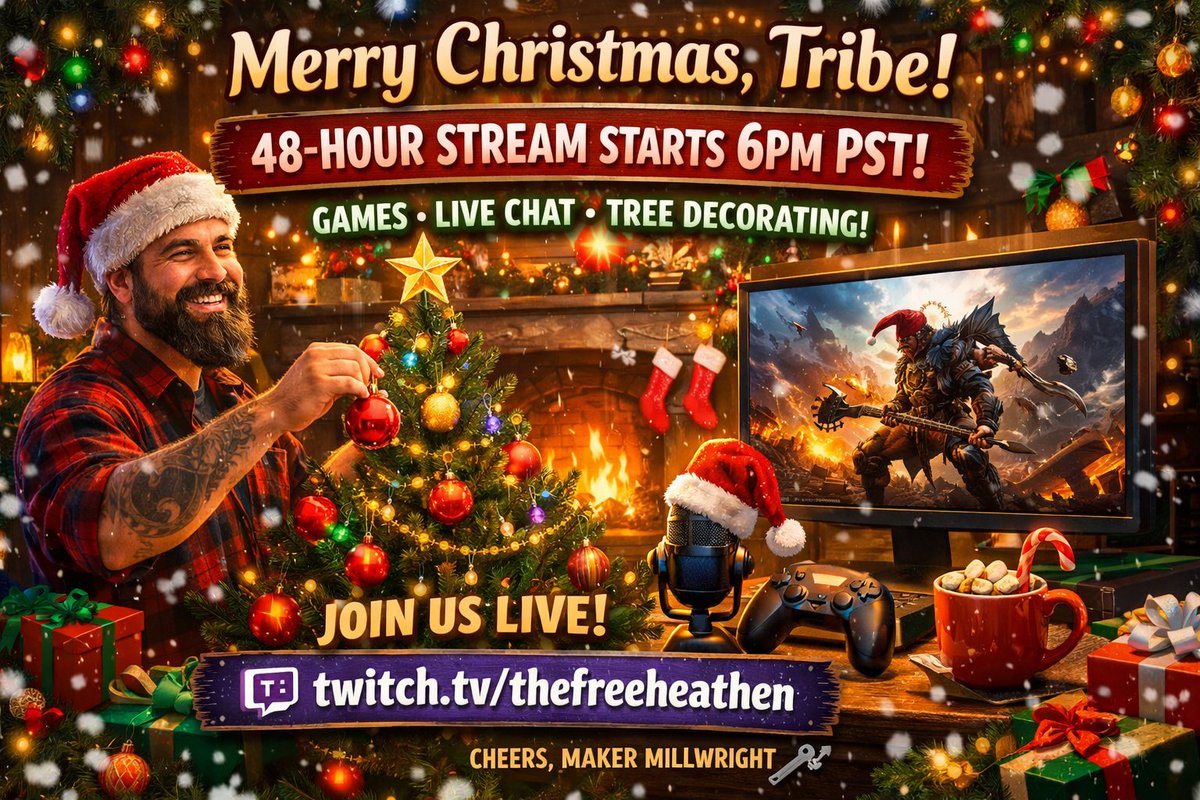 thefreeheathen's tweet photo. Hello Tribe! ๐
Day TWO of our 48-hour Christmas stream is in full swing.
No one should be alone during the holidays.
Weโre designing, playing World of Tanks, and cooking live.
Come hang out ๐ https://t.co/YyE9vcD0Ks
#ChristmasStream #TwitchStreamer #LiveNow #HolidayStream https://t.co/1dx7t4bu7c