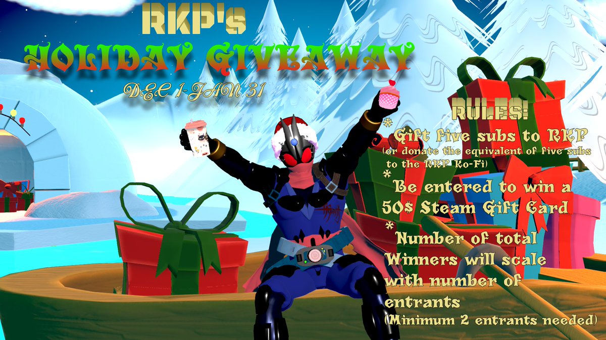 KickRyder's tweet image. THIS is your reminder that RKP is doing a Winter Holiday giveaway
Gift 5 subs on twitch or donate the equivalent cost to the RKP Ko-Fi and be entered to win a 50$ Steam giftcard!!

Giveaway ends Jan 31st, minimum 2 participants needed