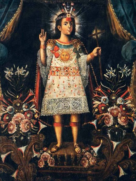 HispaniarumRex's tweet image. Niño Jesús Inca con mascaypacha y túnica real, anónimo, escuela cuzqueña, siglo XVIII.