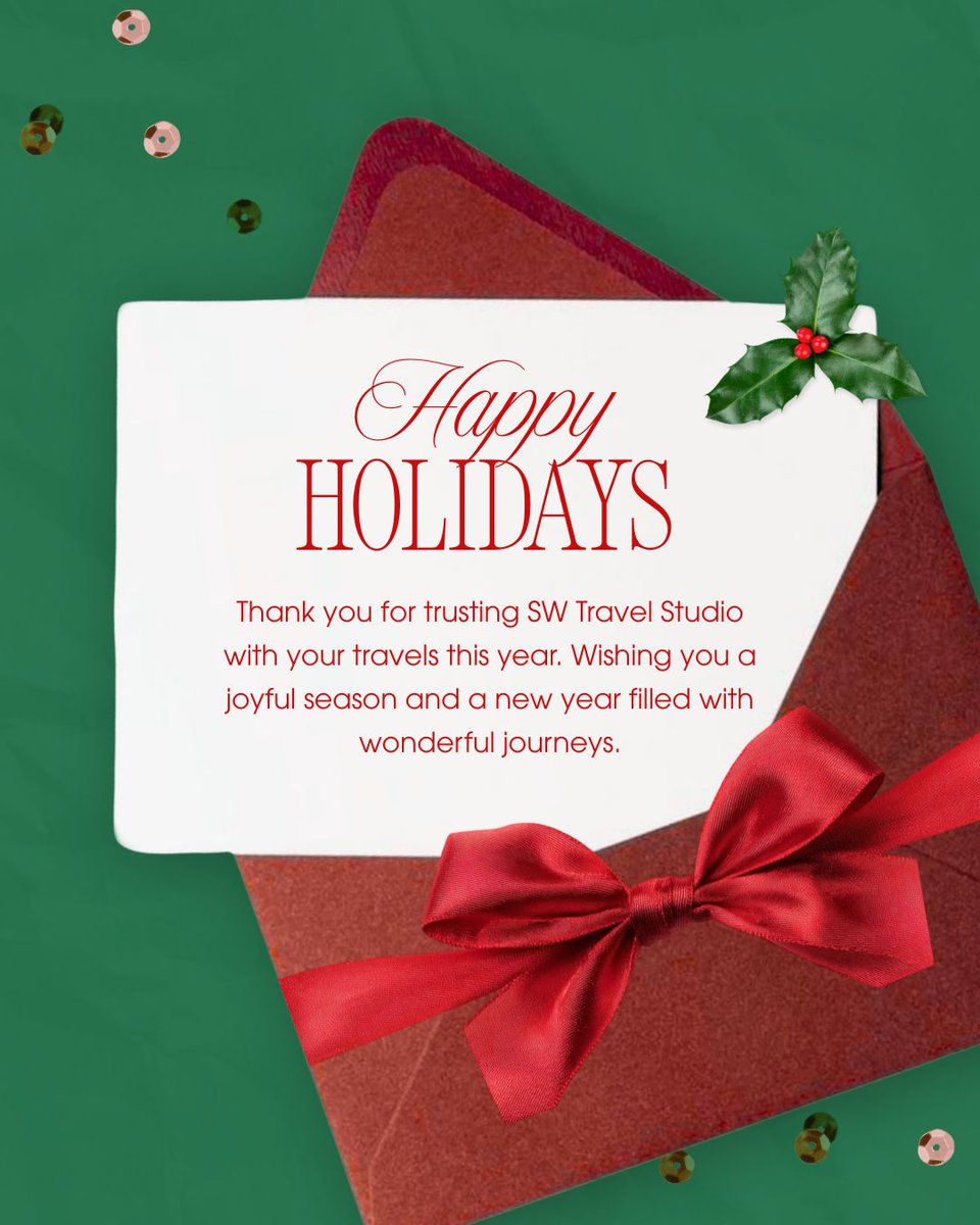swgraphic's tweet photo. Happy Holidays from SW Travel Studio ✨ As the year comes to a close, I want to take a moment to say thank you. Thank you to every client who trusted me with your trips, celebrations, and meaningful moments this year. Warmly, –Sarah 🤍 https://t.co/EChnHMaVgh