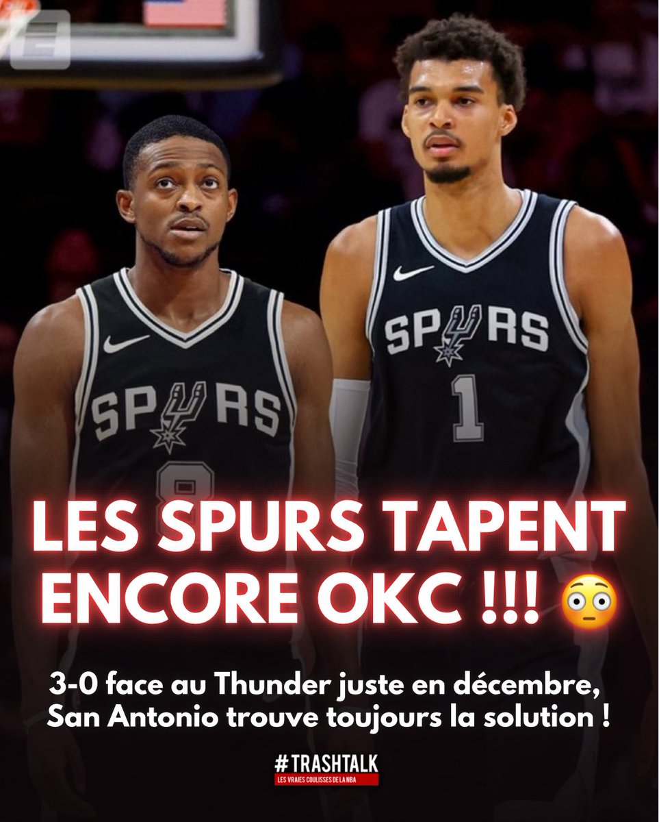SPURS WIN, SPURS WIN !!! 🚨

3 matchs face au Thunder ?

3 victoires. Toutes en décembre.

1 à Vegas, 1 à San Antonio, 1 à OKC.

La kryptonite du Thunder, c’est EUX !