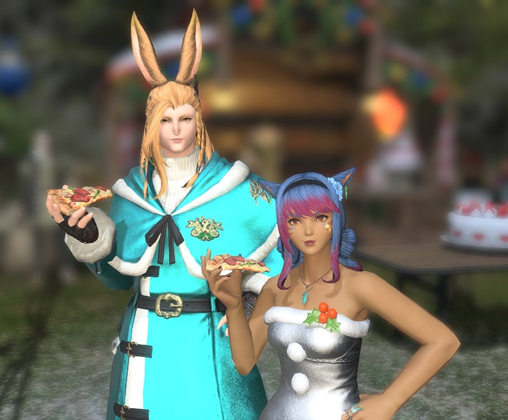 SrinityFF's tweet image. Happy Holidays to all! 🎄 From D'azri and Jack, a dynamic duo, a troublemaking twosome, and the best of friends. 🤗❤️
#miqote #Viera #FFXIV #friends