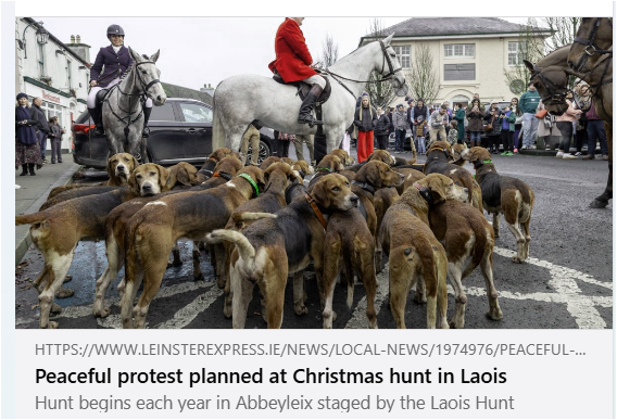 AnimalPartyIE's tweet photo. The Party for Animal Welfare (PAW) is calling on our supporters in #CountyLaois and beyond to please attend the #Peacefulprotest tomorrow, planned at #StephensDay hunt in #Abbeyleix #Laois at 11.30 am on December 26 at the Town Square in Abbeyleix.
#BanFoxHunting #ForFoxSake 🦊 https://t.co/UcNOKJwfTW