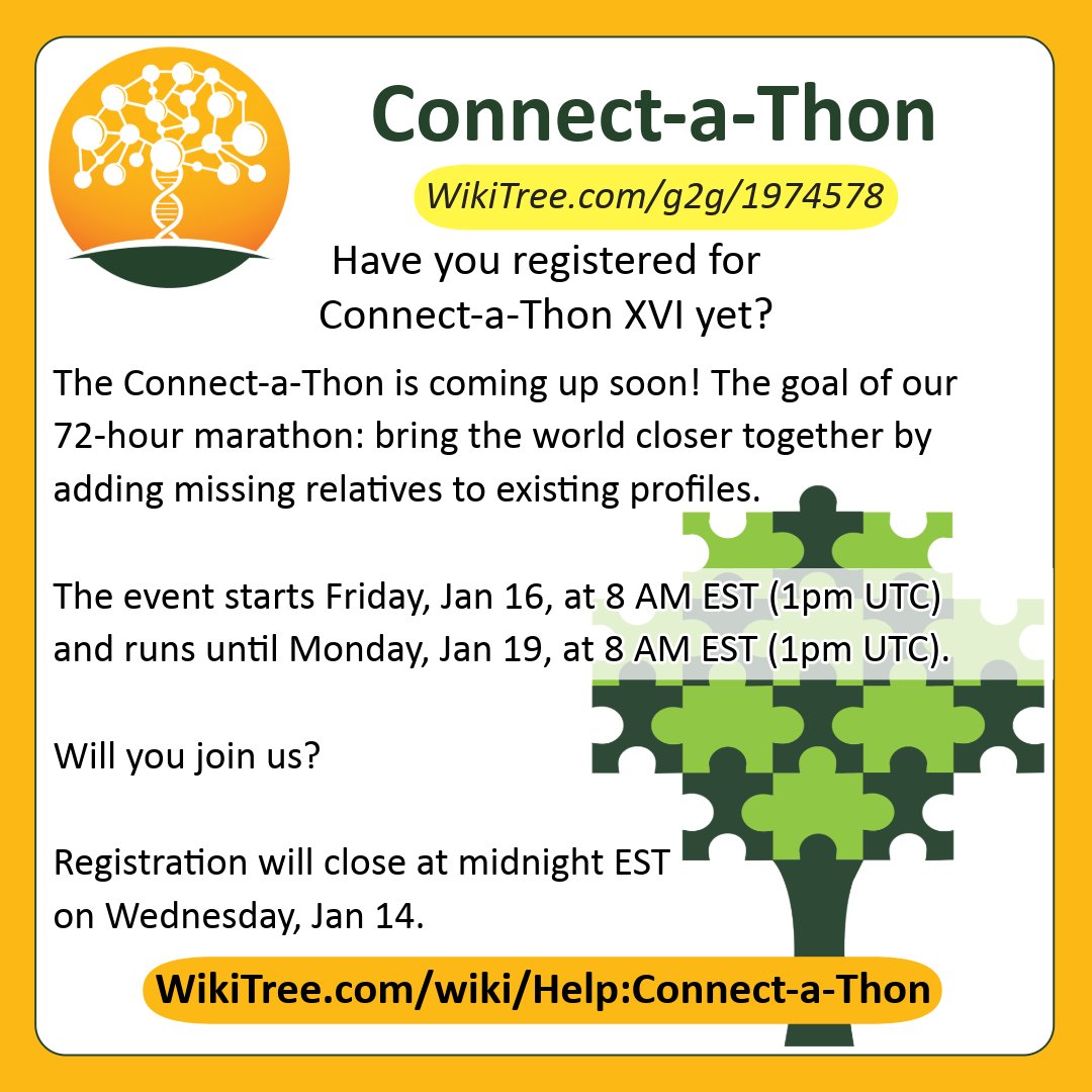🎄 Registration OPEN for Connect-a-Thon XVI! 🧩
Jan 16-19: 72 hours to connect the world through genealogy. Pick your team &amp; register by Jan 14.
WikiTree.com/g2g/1974578
#ConnectAThonXVI #Genealogy #WikiTree