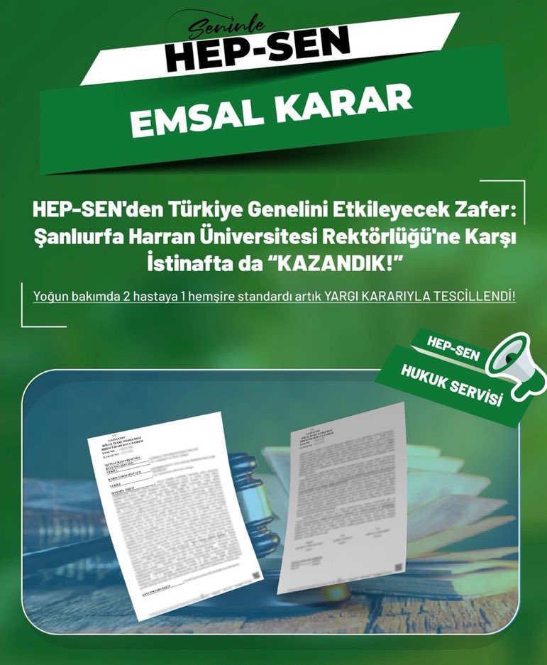 Tüm Sağlık Kurumlarının Dikkatine!

Vatandaşın sağlığı için III. Düzey Yoğun Bakım Ünitelerinde iki hastaya bir hemşire standardı uygulanır.

Bu standardın dışına çıkmak, vatandaşın hayatını riske atmaktır.

Aşağıdaki yargı kararı bu konuda açık ve bağlayıcıdır.

Bu kurala keyfi