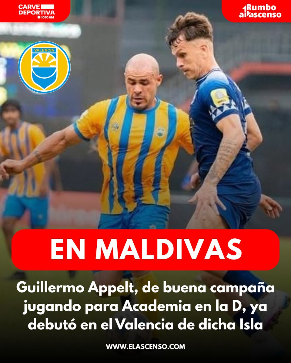 🌎 DE LA D A LAS MALDIVAS

Guillermo Appelt, de buen rendimiento para Academia en la Divisional D, ya debutó en la Premier League de las Islas Maldivas.

➡️ Juega para el Club Valencia, club donde firmó hasta marzo 2026