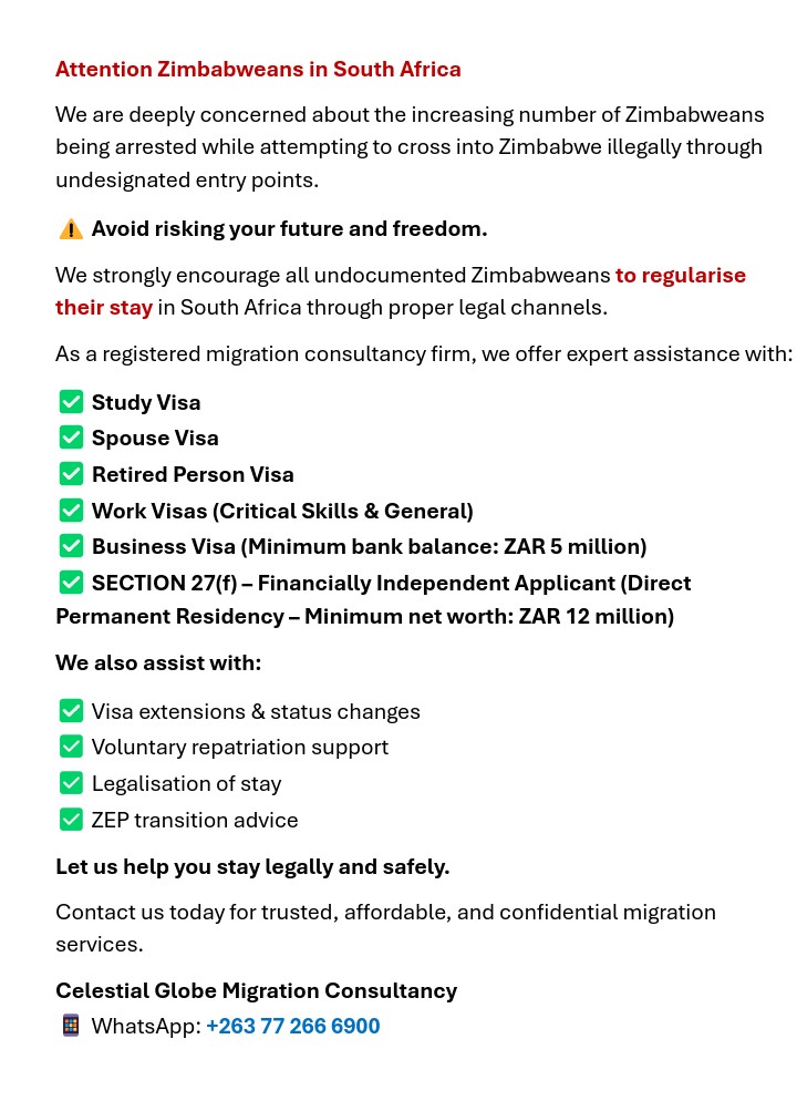 celestialglobe2's tweet image. Attention Zim 🇿🇼 in SA 🇿🇦
We offer expert assistance with:
#StudyVisa
 #SpouseVisa 
#RetiredPersonVisa
#WorkVisas
#Business
#SECTION27(f)
Celestial Globe Migration Consultancy                                                                       📱 WhatsApp: +263 77 266 6900