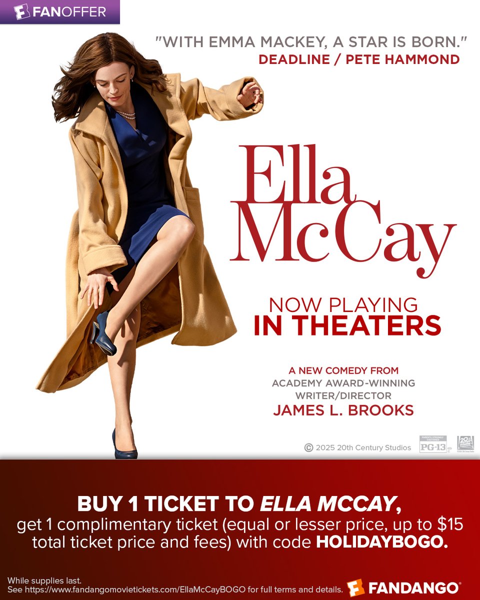 Fandango's tweet image. Right now when you buy one ticket to see #EllaMcCay in theaters, you can get one complimentary ticket (Equal or lesser price, up to $15 total ticket price and fees) with code HOLIDAYBOGO. See more here👇
fandan.co/EllaMcCayBOGO