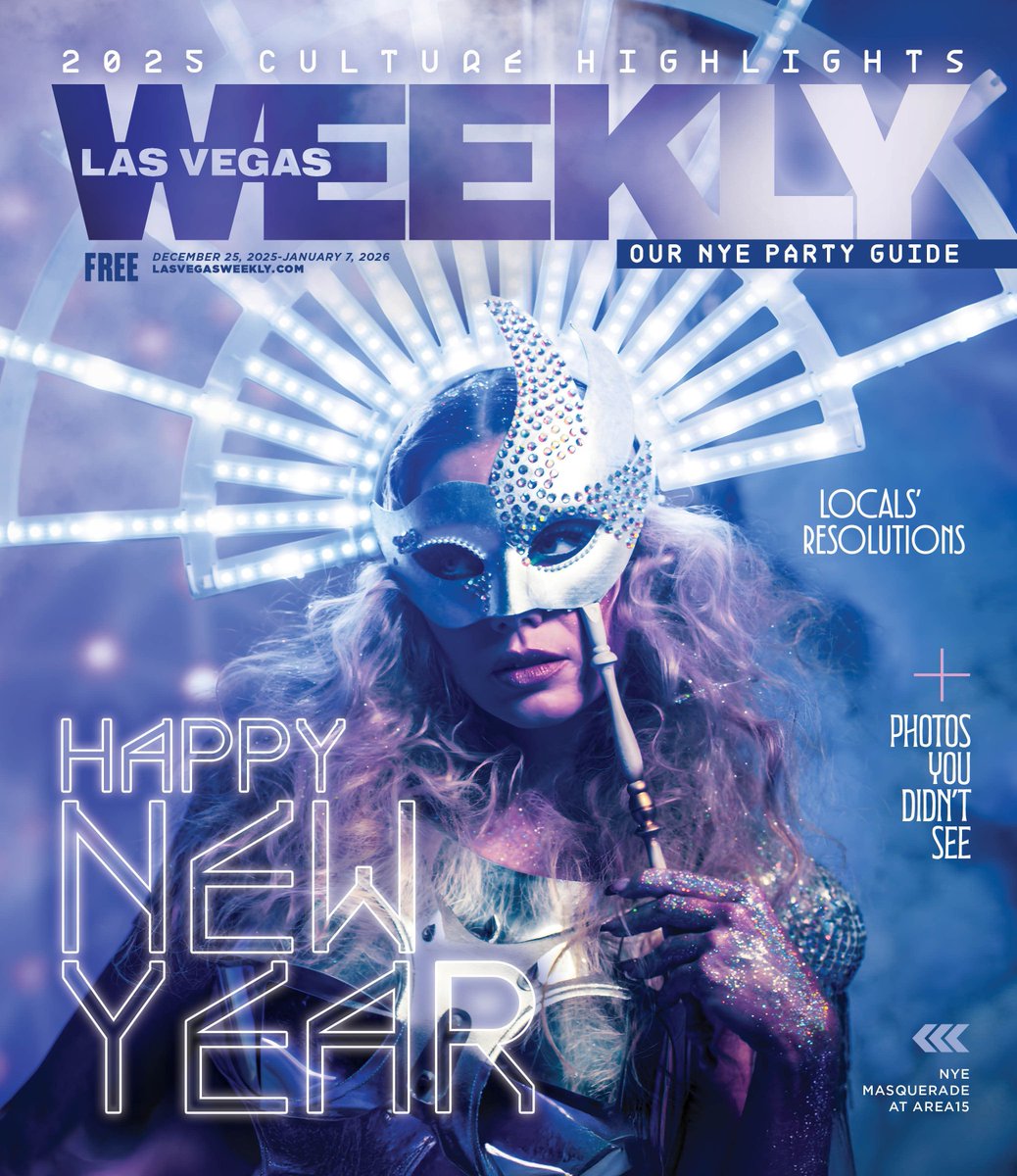 lasvegasweekly's tweet image. On this week's cover: Happy New Year!!! 🎆 Your guide to the best entertainment for New Year’s Eve in Las Vegas. Pick up a copy on stands now or read online here: bit.ly/4975Wjk