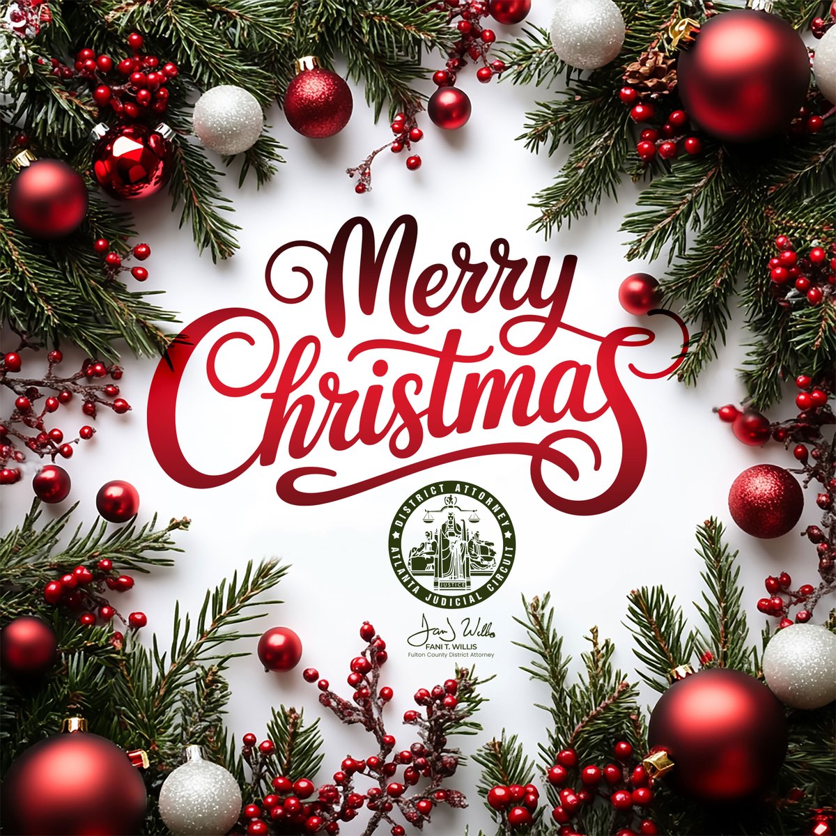 FultonCountyDA's tweet photo. Merry Christmas from District Attorney Fani Willis and the Fulton County District Attorney’s Office. May your holiday be filled with joy, good health, safety, reflection, and hope for the year ahead. 🎄✨

#MerryChristmas #FultonCounty #FultonCountyDA https://t.co/Uhe8g4h9kD
