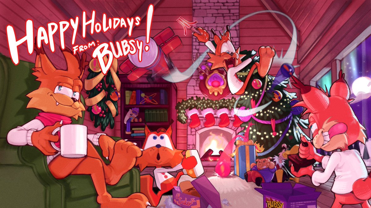 atari's tweet image. Looks like Bubsy is enjoying some time with his ghosts of Christmas past. 🤭