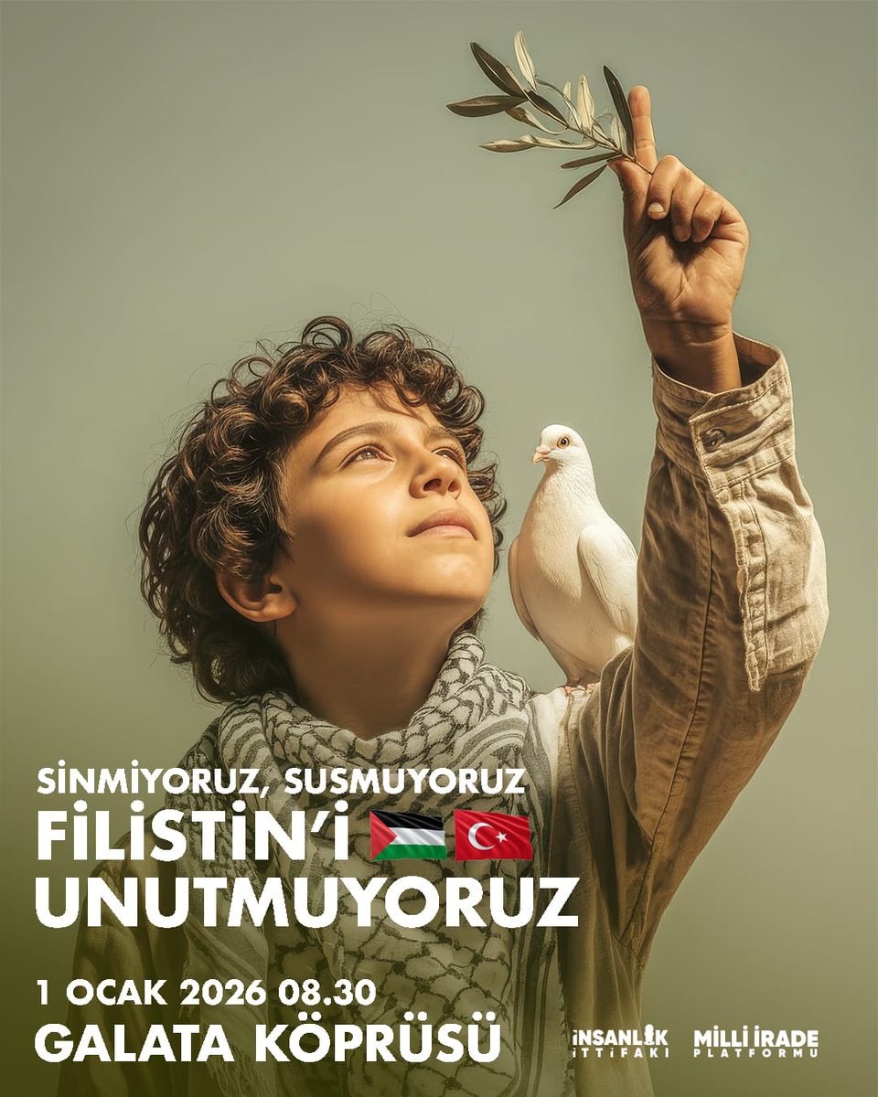 Bu çağda en hızlı yayılan şey “unutmak”. Biz unutmayı yaymıyoruz. 1 Ocak sabahı Galata’da buluşup “buradayız” diyeceğiz.

Sesimiz bir yere yetişsin, bir kalbe dokunsun, bir suskunluğu bozsun. 

#1ocaktagalatada
📍 Galata Köprüsü
🗓 1 Ocak 2026
⏰ 08.30