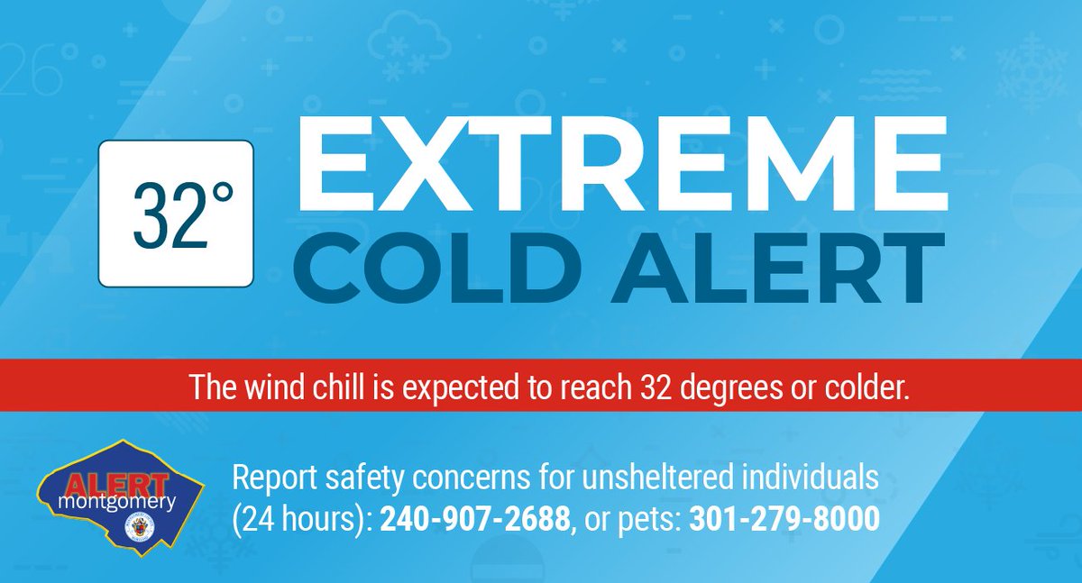 ReadyMontgomery's tweet image. An Extreme Cold Alert has been issued for Montgomery County from Thursday, 12/25 at 10pm until Friday, 12/26 at 3pm. An Extreme Cold Alert is issued when temperatures and/or wind chill values are expected to be at or below 32 degrees. More information: bit.ly/2JdmQ3C