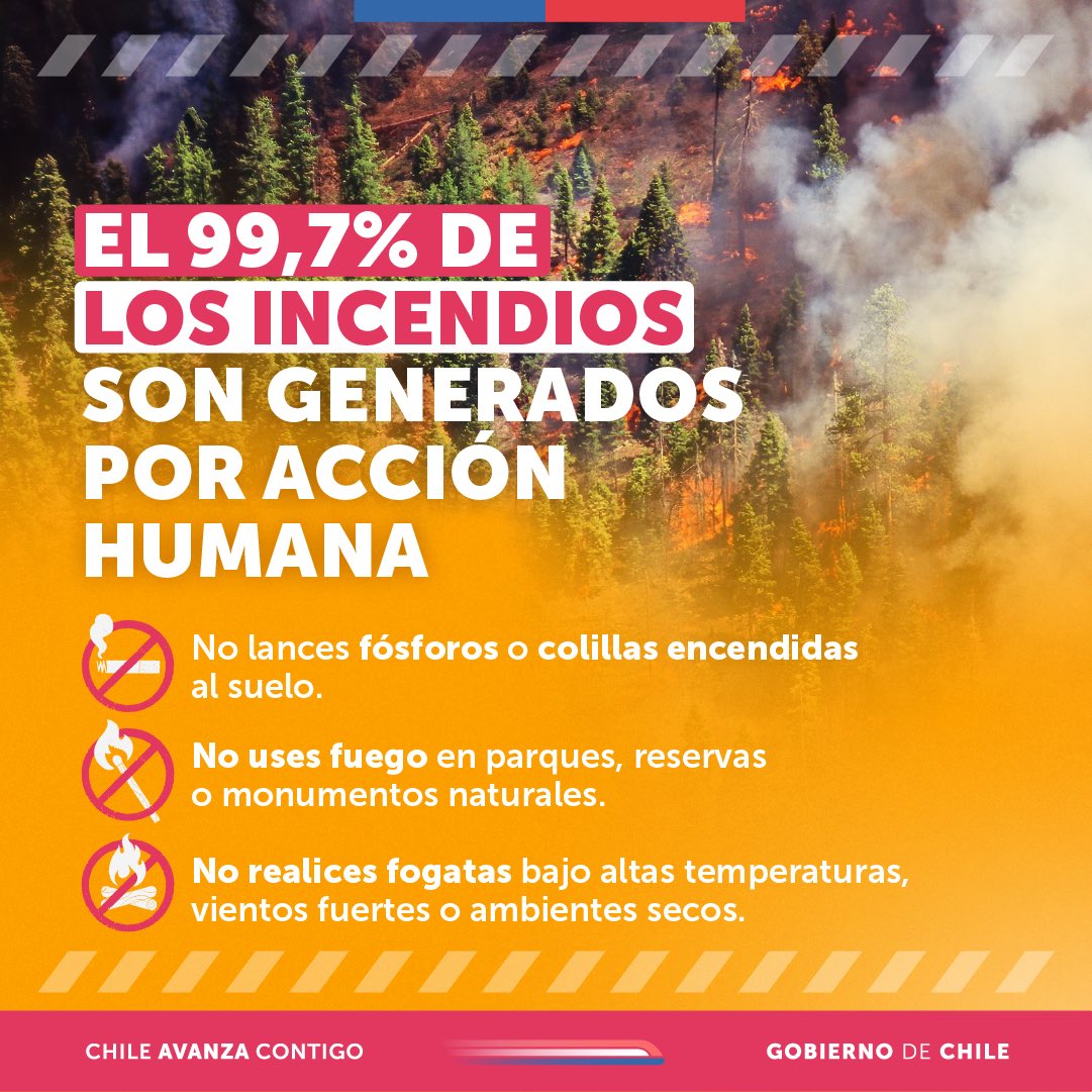 Sigue estas instrucciones para prevenir #IncendiosForestales esta temporada. 
Si ves humo o fuego, llama de inmediato a <a href="/conaf_minagri/">CONAF - Corporación Nacional Forestal</a> al 130, <a href="/BomberosdeChile/">Bomberos de Chile</a> (132), <a href="/Carabdechile/">Carabineros de Chile</a> (133) o <a href="/PDI_CHILE/">PDI Chile</a> (134).