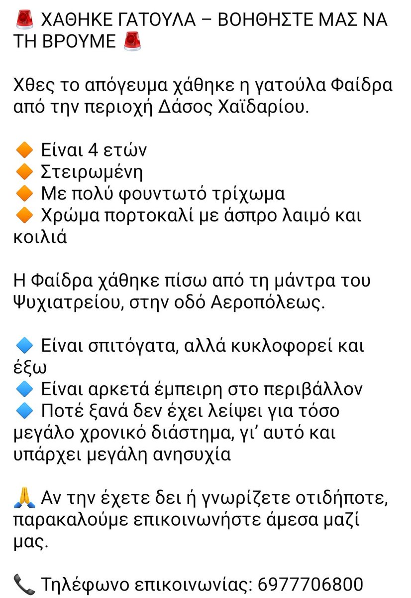 KatKatPt's tweet image. 🆘️🆘️🆘️
Χάθηκε η Φαίδρα απο την περιοχή Δάσος Χαϊδαρίου πίσω απο τη μάντρα του Ψυχιατρείου οδός Αεροπολεως 
4 ετών,στειρωμενη,με πολύ φουντωτό τρίχωμα
Για οποιαδήποτε πληροφορία επικοινωνία με το τηλ
Rt 🙏 🙏 🙏