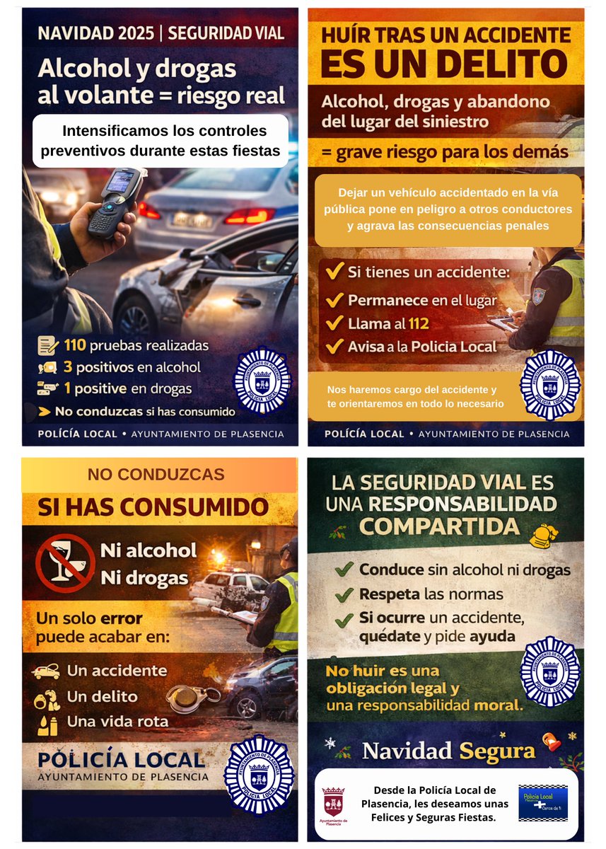 🚔🎄 Navidad 2025 | Seguridad Vial

Refuerzos en controles de alcohol y drogas. Los resultados mejoran, pero conducir bajo los efectos o huir tras un accidente es delito.

❌ No conduzcas si has consumido
🚗 Si hay accidente, no huyas
📞 Llama al 112 y Policía Local