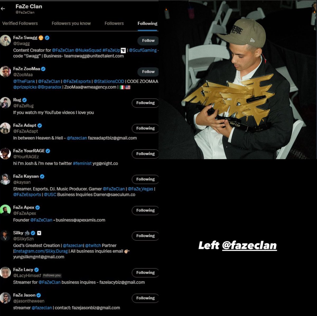 yoxics's tweet image. FaZe Clan has unfollowed StableRonaldo confirming he has left the organization