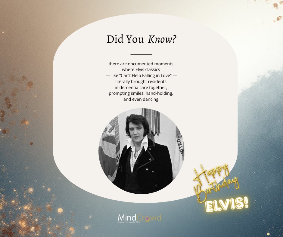 TGenMINDCROWD's tweet image. 🎤 Happy Birthday, Elvis Presley! 🕺🎶

✨ Music doesn’t cure dementia, but it can help people feel more themselves again — and that’s a beautiful way to honor a legend like Elvis.

#ElvisPresley #dementia #HappyBirthday #Music