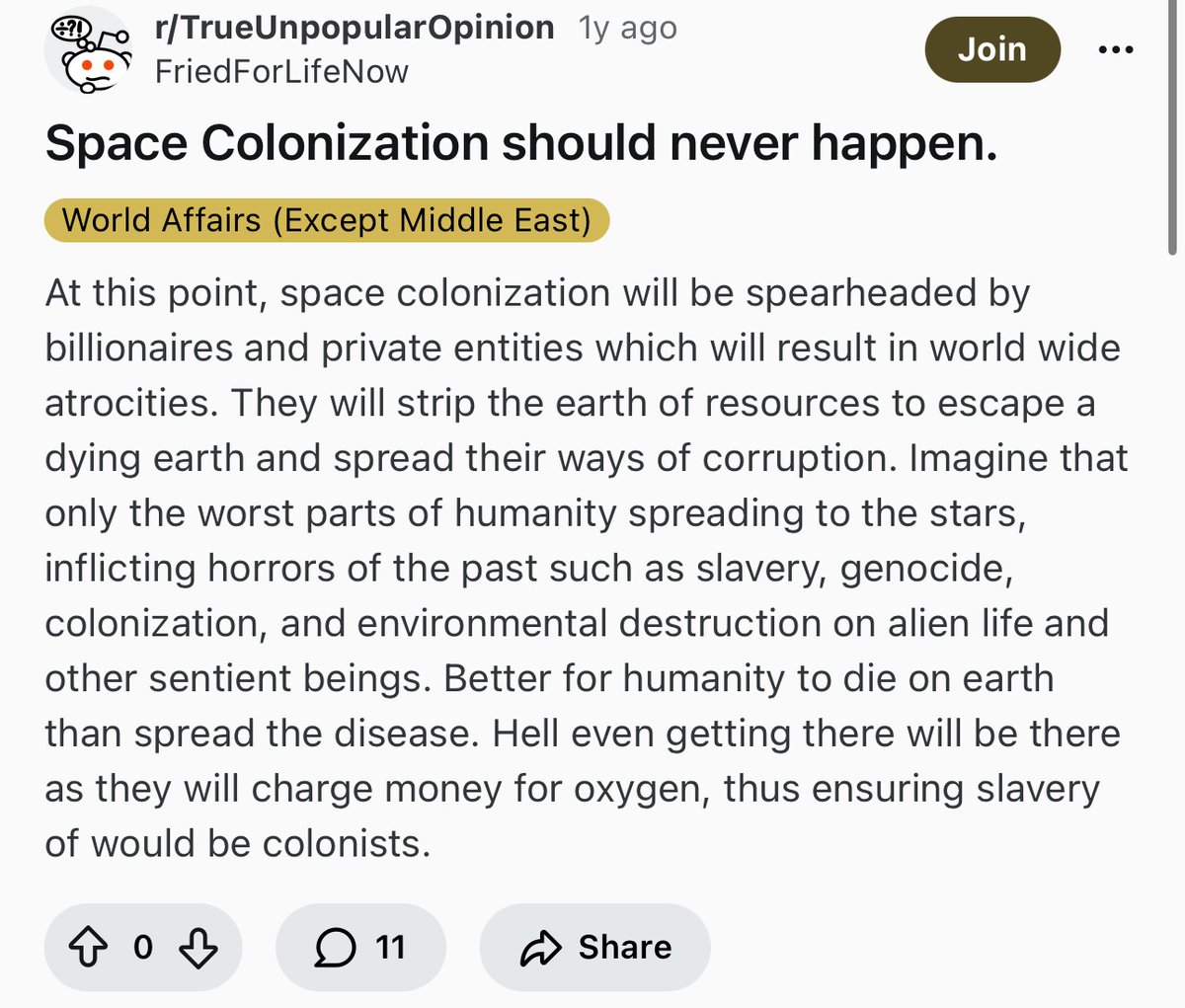 mikusingularity's tweet image. This sums up a lot of attitudes against space colonization.

“Better for humanity to die on Earth than spread the disease.”