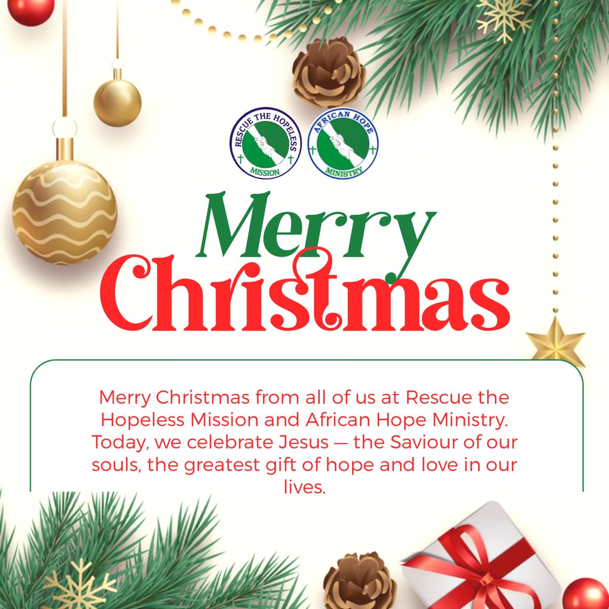 RescueHopeless's tweet photo. Merry Christmas from all of us at Rescue the Hopeless Mission and African Hope Ministry.
Today, we celebrate Jesus, God's greatest gift to us. 
We wish you a hope-filled christmas as we celebrate Jesus. https://t.co/WOQst5qsma