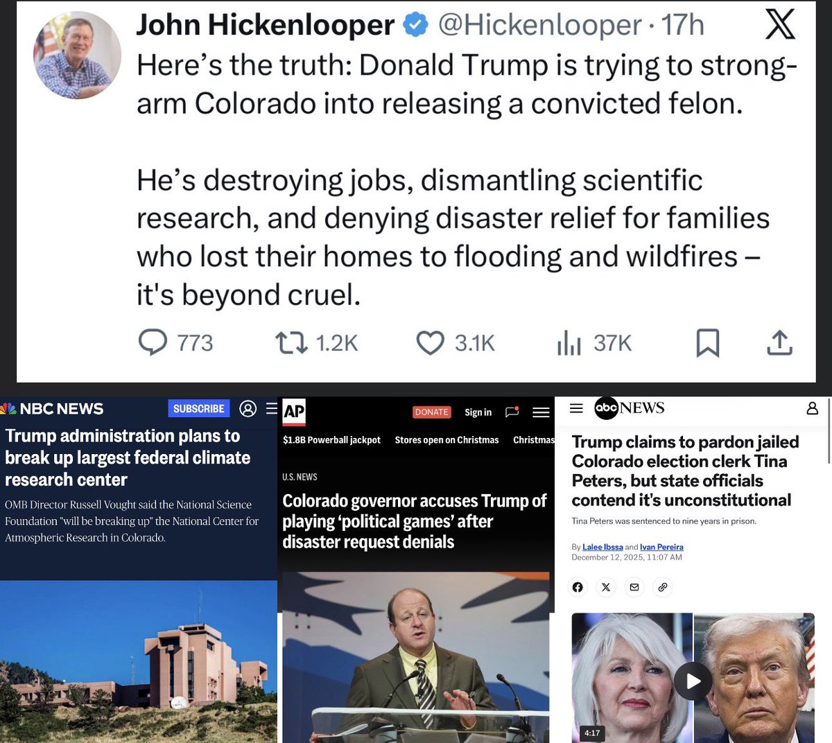 TheTNHoller's tweet image. Kinda seems like Trump punishing Colorado for not releasing Tina Peters (who tried to help him steal the election) from prison should be a bigger story