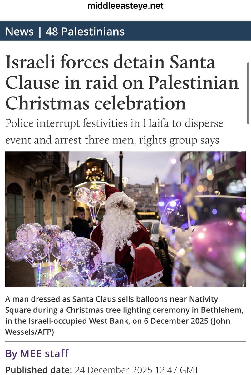 Israel bombed the St Porphyrius Greek Orthodox Church in Gaza killing 18  parishioners and bombed the Ahli Baptist Church complex in Gaza.

Israel bombed the Holy Family Church, the only Catholic church in Gaza. 

The 🇮🇱 police assaulted Christians celebrating Christmas in Haifa.