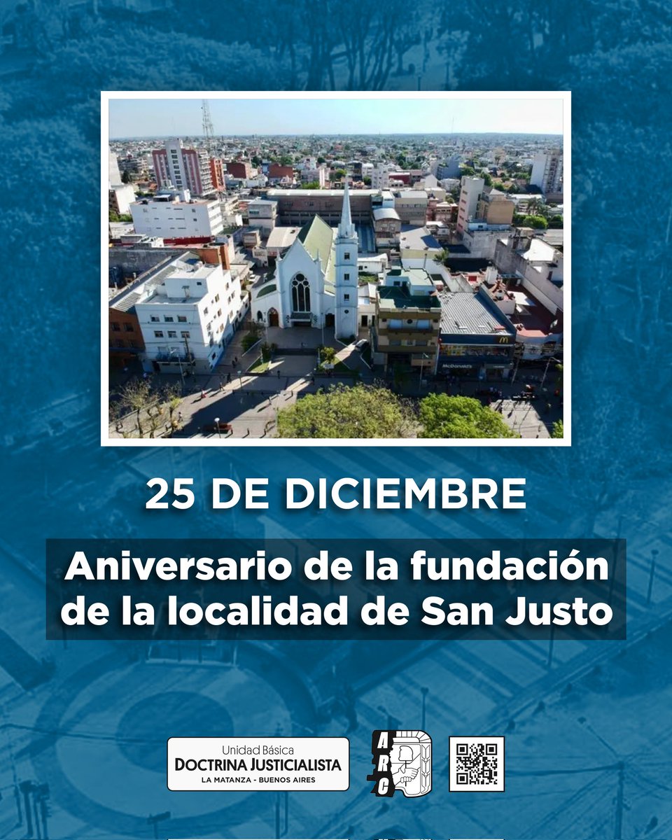 unidadbasicadj's tweet image. 🗓 25 de diciembre | Aniversario de la fundación de San Justo

Hoy se cumplen 169 años de la fundación de nuestra amada localidad. ¡Felicidades a todos los sanjustenses!

#SanJusto #AniversarioDeSanJusto
#UBDoctrinaJusticialista #AgrupaciónRamónCarrillo