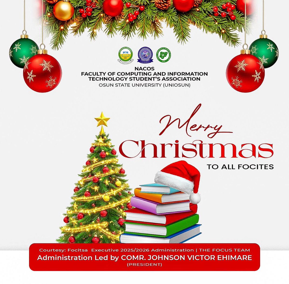nacos3080's tweet photo. 🎄 Merry Christmas FOCITES 🎄

Warm Christmas wishes to all FOCITES. May this season bring you joy, peace, and renewed strength as you rest and prepare for greater academic wins ahead.🙏🤩🎉🎊🍾🎈🎁🥂

🎁 Wishing you a beautiful Christmas and a happy holiday season! 🎁 https://t.co/ncPeiDSyd9