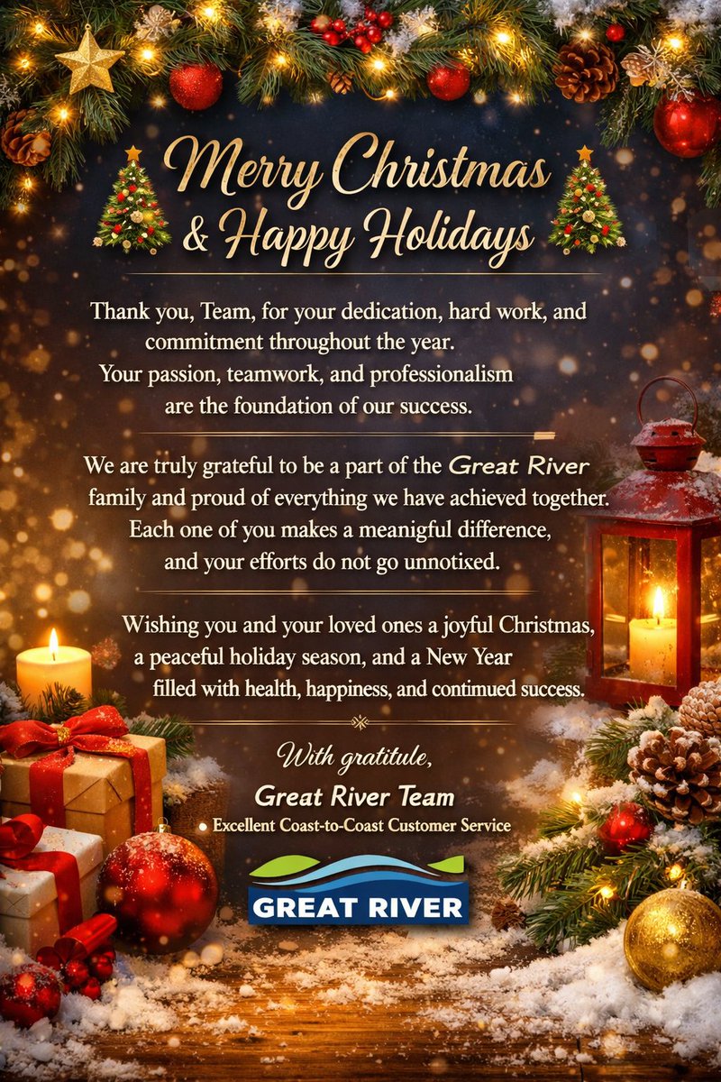Merry Christmas and Happy Holidays from the Great River team 🎄
Thank you for an incredible year, we’re grateful for our team and customers alike.
#MerryChristmas #MerryChristmas2025 #newyear2026 #greatriverfinancial