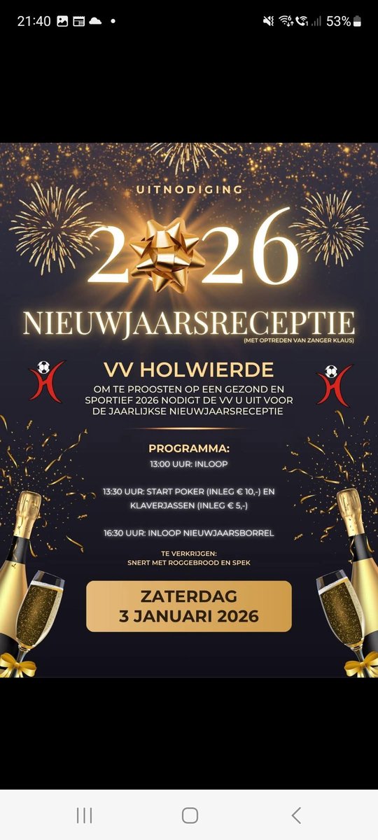 Wij willen u namens VV Holwierde zeer fijne feestdagen toewensen.

We zien iedereen graag op onze nieuwjaarsreceptie op zaterdag 3 januari!