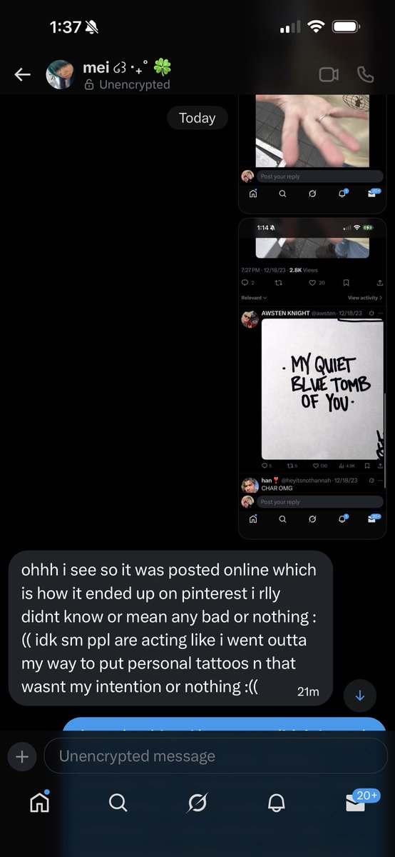 blocking me doesn’t change the fact that i very CLEARLY set a boundary and requested you remove MY handwritten tattoo from your shitty document that i sent you screenshot proof of being mine and on my body, and you still haven’t removed it and still left it up despite me “dming”