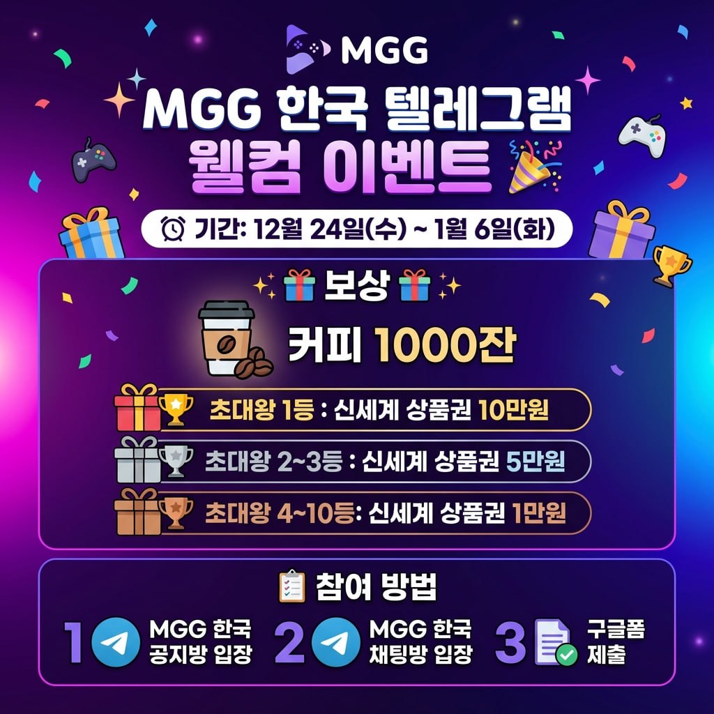 toeale's tweet photo. ✨ MGG 한국 텔레그램 웰컴 이벤트 🎉

이벤트 안내
기간 : 12월 24일(수) ~ 1월 6일(화)

보상 안내
• 커피 1000잔
• 초대왕 1등 : 신세계 상품권 10만원
• 초대왕 2~3등 : 신세계 상품권 5만원
• 초대왕 4~10등 : 신세계 상품권 1만원 https://t.co/SayULOk3mp