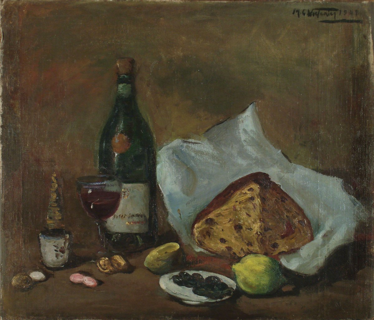 bookishmeli's tweet image. necesito que vean esta pintura que descubrí hoy. se llama «Navidad» (1941), pertenece al pintor argentino Miguel Carlos Victorica y representa a la navidad argentina: con un pan dulce, frutos secos, un vino...
