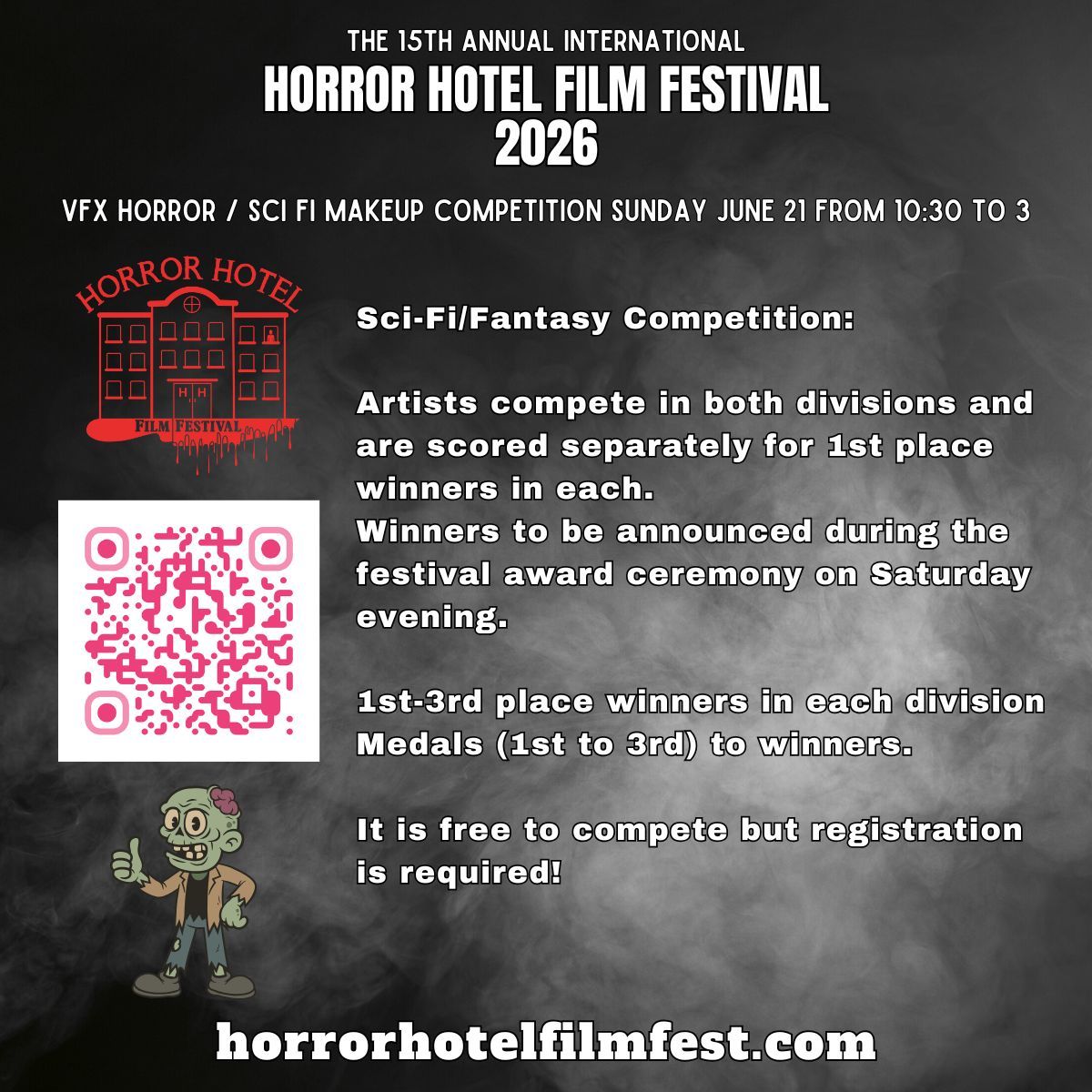 VFX horror / sci fi makeup competition Sunday June 21 from 10:30 to 3 

Artists compete in both divisions and are scored separately for 1st place winners in each.
Winners to be announced during the festival award ceremony on Saturday evening.

docs.google.com/forms/d/e/1FAI…