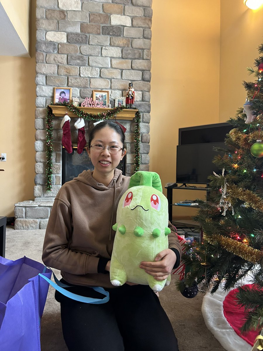 azalea142's tweet photo. Merry Christmas! Wishing all of you a bright, joyful, and peaceful holiday season! ❤️🎁🌟

Got a new Chikorita plush! And it’s a Trainer sized one too! Plus I got the otome game “Variable Barricade”! 

#MerryChristmas #MerryChristmas2025 #Christmas https://t.co/V4sTgecDV8