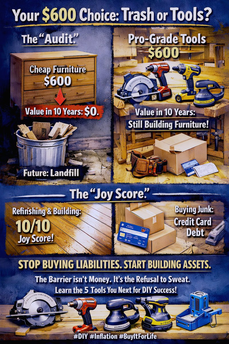 DesignerDonHQ's tweet photo. Your "luxury" particleboard dresser cost $600. It will be trash in 5 years. For that same $600, you could buy a circular saw, an impact driver, a sander, and a jig that will last 30 years. Here is the math on trading "slop" for assets. 🧵 https://t.co/JRtVg6vaRI