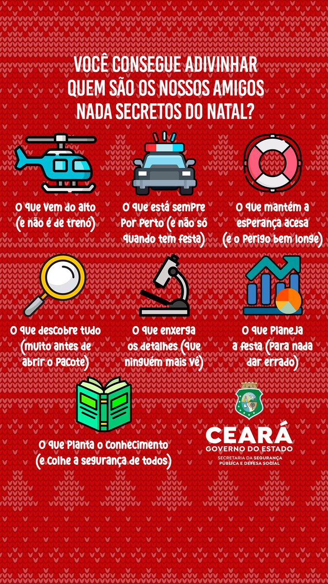 Sem surpresas por aqui 👀

Nossos amigos secretos veem do alto, estão sempre por perto, investigam, planejam, salvam, analisam e compartilham conhecimento todos os dias! 🚓👮‍♂️🚁

Mas ainda queremos que você conte pra gente: já adivinhou quem são cada um? 👇