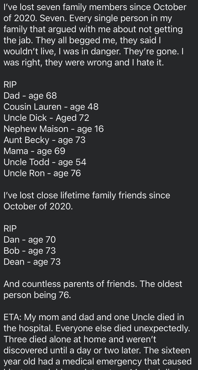 toobaffled's tweet image. “I’ve lost seven family members since October of 2020. Seven. Every single person in my family that argued with me about not getting the jab. They all begged me, they said I wouldn’t live, I was in danger. They’re gone. I was right, they were wrong and I hate it. 

RIP
Dad - age…