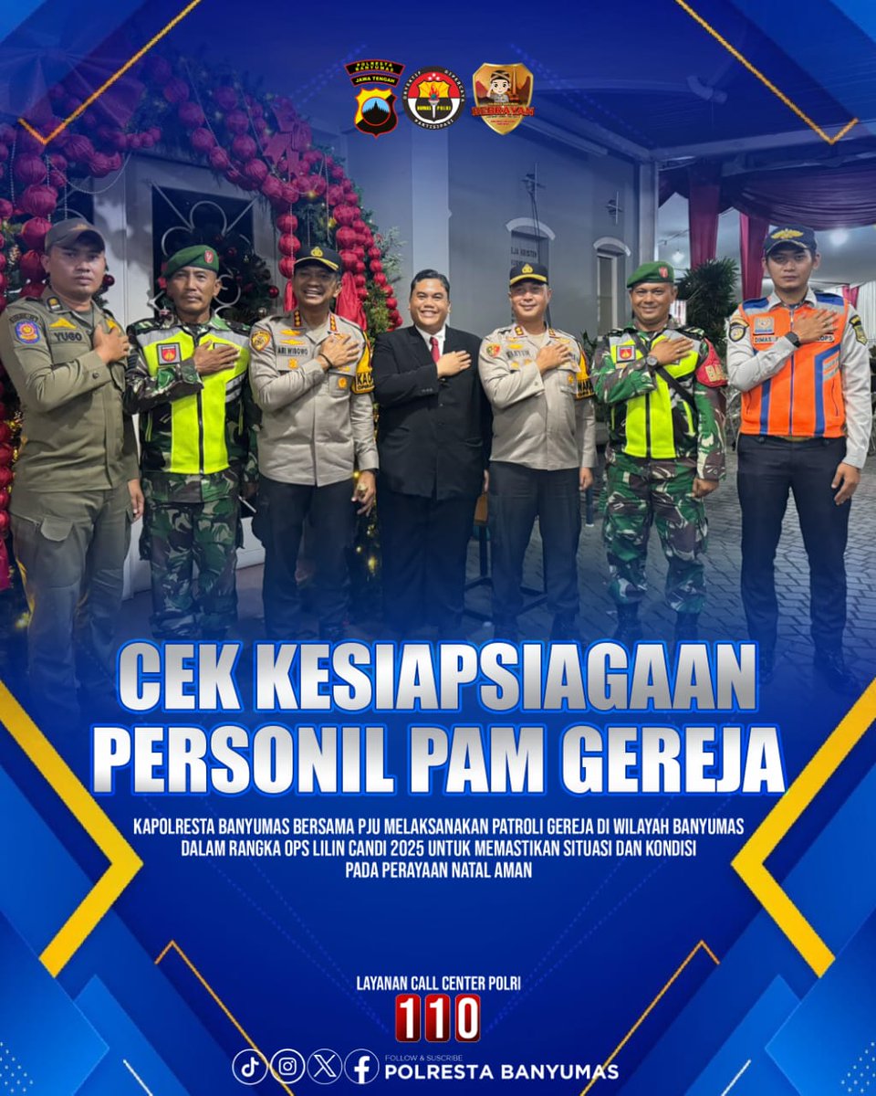 Kapolresta Banyumas bersama PJU melaksanakan Patroli Gereja di Wilayah Banyumas dalam rangka Ops Lilin Candi 2025. 

🇮🇩Kerja Ikhlas
🇮🇩Kerja Cerdas
🇮🇩Kerja Tuntas

@divisihumaspolri
@humas_poldajateng

#polripresisi #PolrestaBanyumas #polriuntukmasyarakat #opslilincandi2025