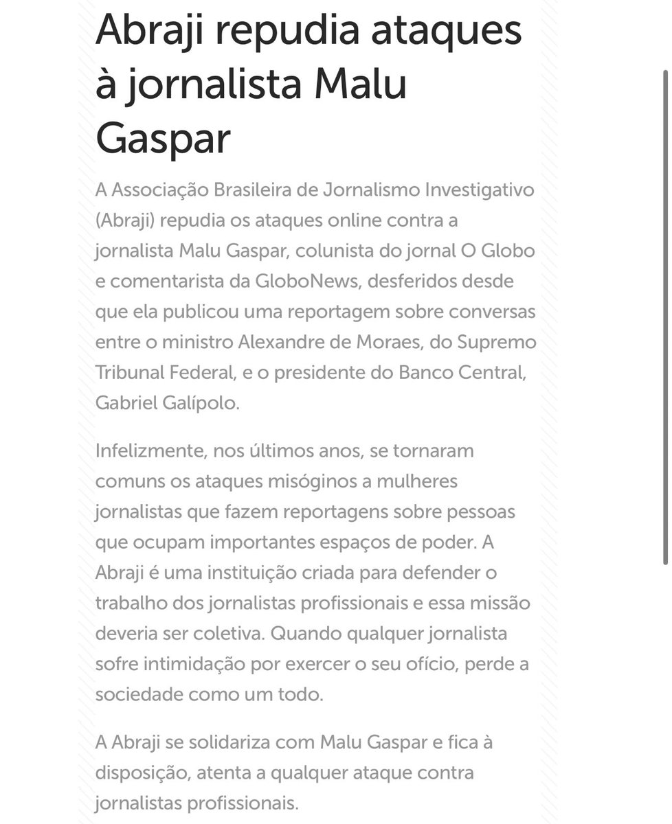 Abraji repudia ataques à jornalista Malu Gaspar.

“Infelizmente, nos últimos anos, se tornaram comuns os ataques misóginos a mulheres jornalistas que fazem reportagens sobre pessoas que ocupam importantes espaços de poder.”