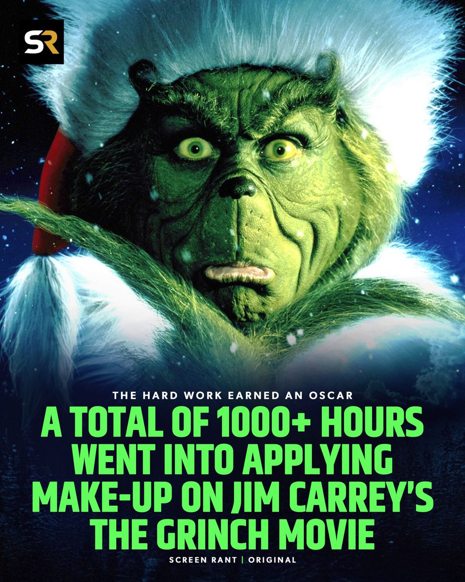 screenrant's tweet image. Over 1000+ total hours was spent applying make-up in #TheGrinch. Credited as the movie with the most makeup used (taking the title away from The Wizard Of Oz),  The Grinch's single Academy Award was won for Best Makeup and Hairstyling, a permanent reminder of the team's hard