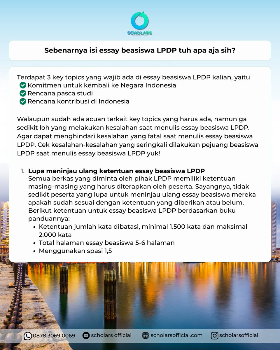 scholars_ig's tweet photo. Jangan harap essay beasiswa kamu dilirik pihak LPDP kalau masih ngelakuin 5 kesalahan ini! Yuk cek kesesuaian essay beasiswa LPDP kamu sekarang sebelum terlambat.

#lpdp #essaylpdp #beasiswalpdp #tipslpdp #pejuanglpdp #scholarshipindonesia https://t.co/xqJEGvvbvn