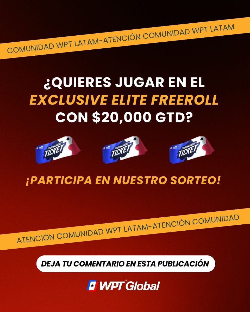 latamwptglobal's tweet photo. ⭐ El domingo se volverá a jugar el Exclusive Elite Freeroll, torneo que entrega $20,000 garantizados, y tendrás la oportunidad de participar si...

1️⃣ Sigues a WPT Global LATAM
2️⃣ Dejas tu ID de WPT Global

😍 Entre todos los que cumplan con las condiciones entregaremos tickets. https://t.co/NVpwQMMuCZ