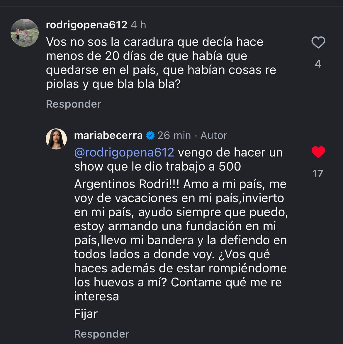 “María Becerra”

Por su reciente comentario en Instagram.