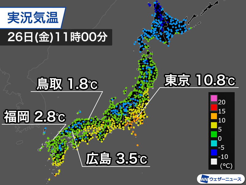極寒の仕事納め＞ 今日26日(金)は強い寒気の影響で日本海側を中心に