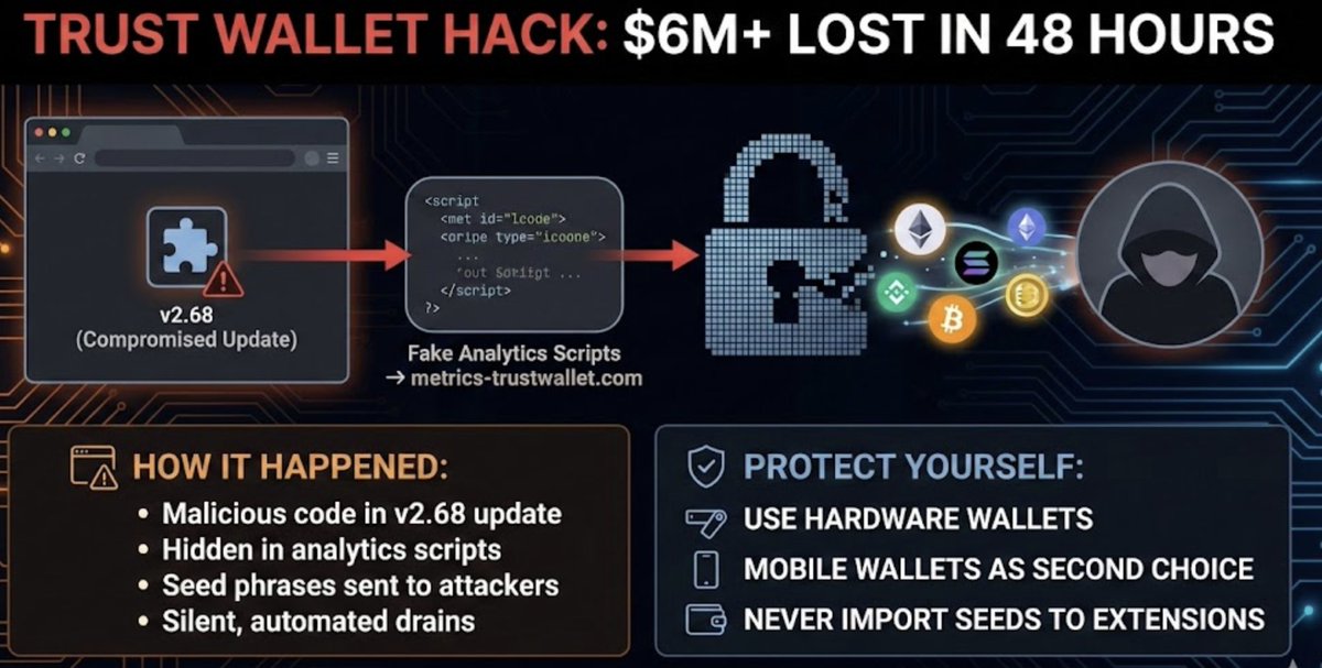 Trust Wallet just lost users $6M+ in 48 hours.
A supply-chain hack that 99% of crypto holders ... probably don't understand.
What happened and how to protect your assets:

Malicious code slipped into browser extension v2.68, hidden in fake analytics scripts (sending seed phrases