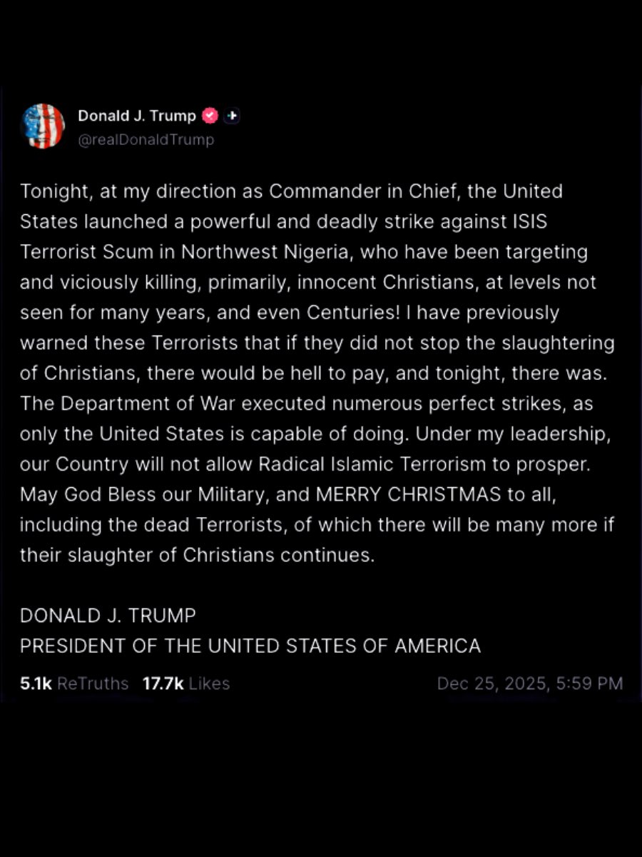 LibertyPost's tweet image. “MERRY CHRISTMAS to all, including the dead Terrorists, of which there will be many more if their slaughter of Christians continues.” - @POTUS